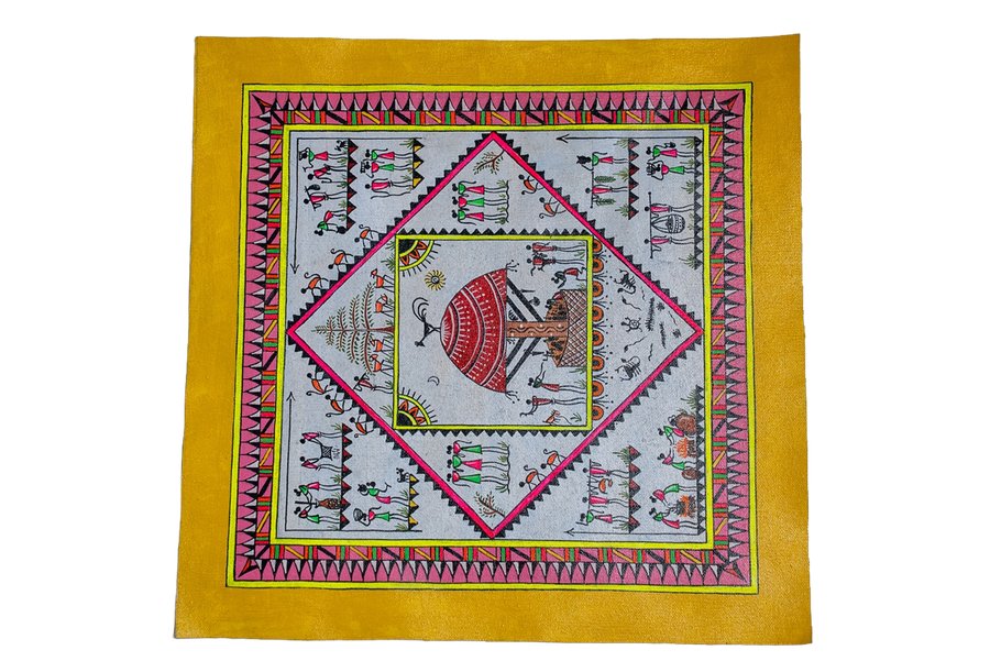 Tribal Life And Feast Yellow Border - Savara Tribal Painting - View 1