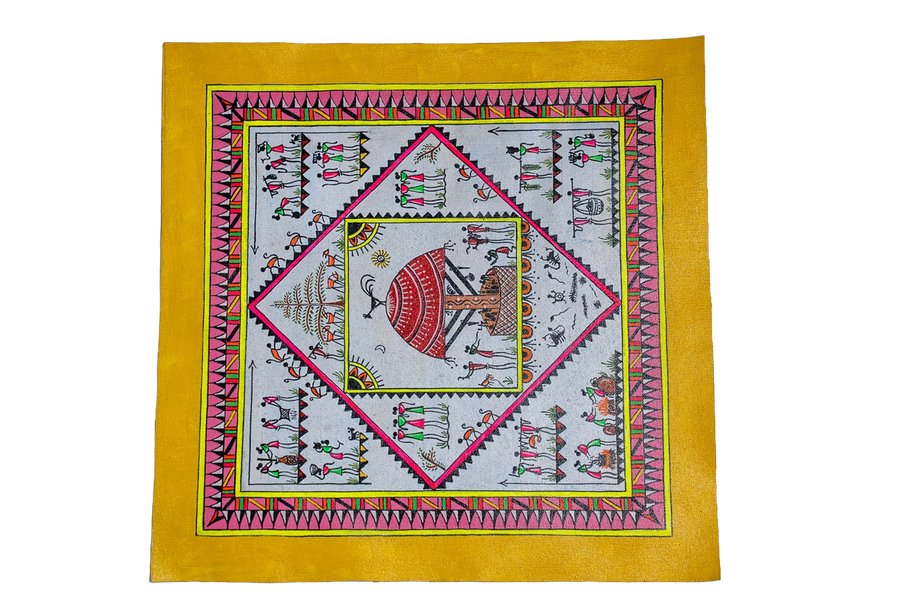 Tribal Life And Feast Yellow Border - Savara Tribal Painting - View 2