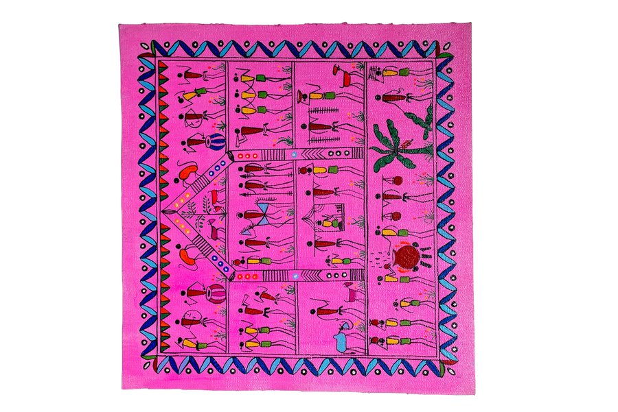 Tribal Hut And Life Pink - Savara Tribal Painting - View 1